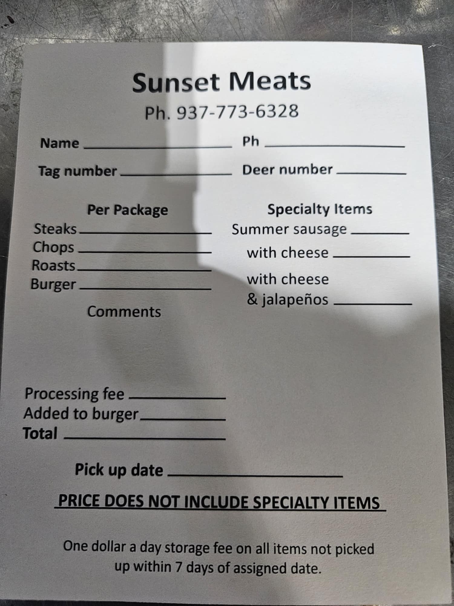 Sunset Meat Market deer processing form listing cuts and specialty items