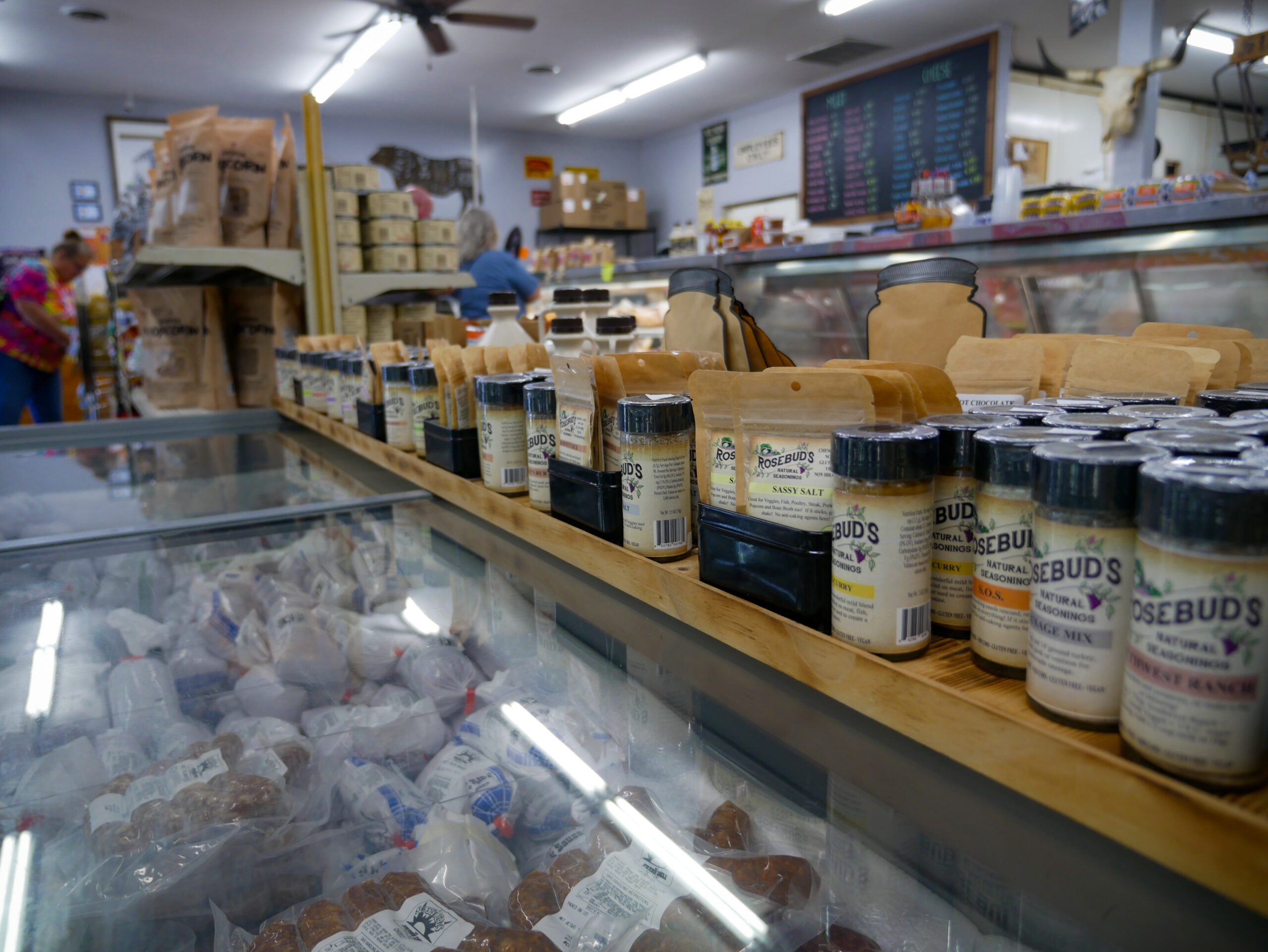 Grocery aisle with local Ohio products at Sunset Meat Market